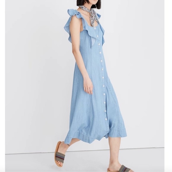 Madewell Blue Chambray Button Up Flutter Sleeve Midi Dress 4P - Picture 9 of 9